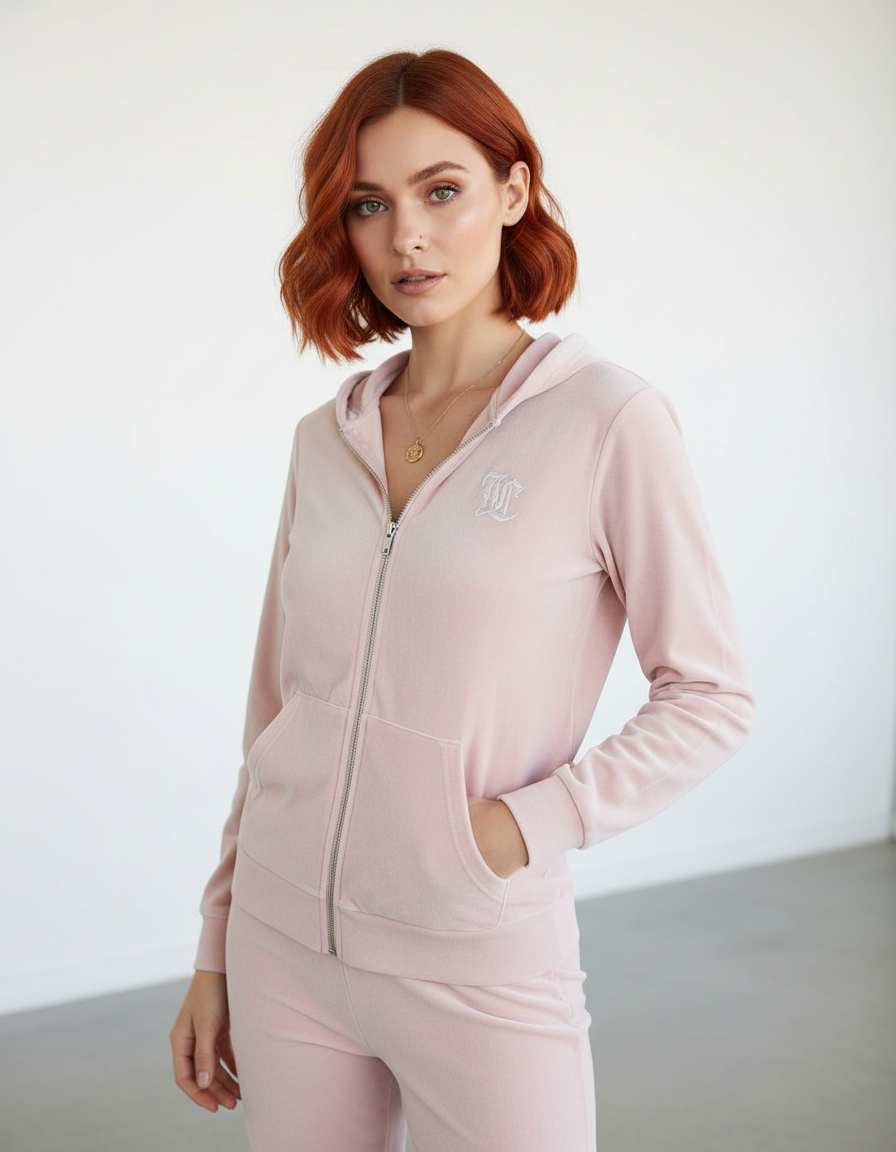 Try-on: Mia wearing Juicy Couture Juicy Robertson Classic Zip Up Hoodie , Fabric - Pink